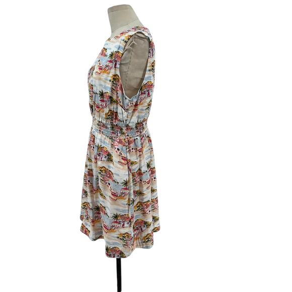Boden Smocked Waist Mini Dress Paradise Bay Beach Print White Size US 12R - Picture 7 of 13